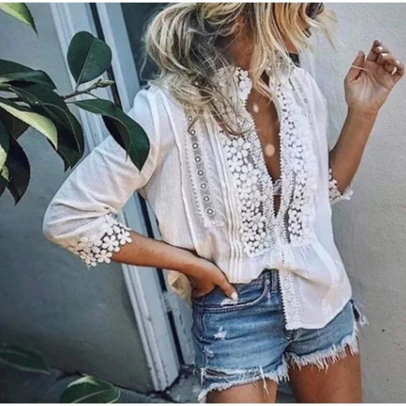 Boho White Crochet Lace Cut Out Button Up V-Neck 3/4 Sleeve Top Blouse - Picture 3 of 9